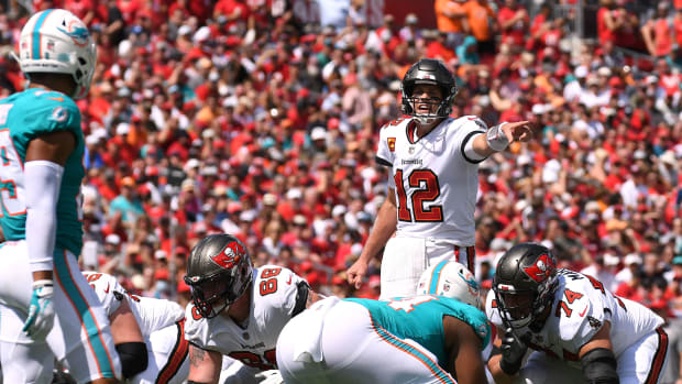 Oct 10, 2021; Tampa, Florida, USA; Tampa Bay Buccaneers quarterback Tom Brady (12) in the first half against the Miami Dolphins at Raymond James Stadium. Mandatory Credit: Jonathan Dyer-USA TODAY Sports